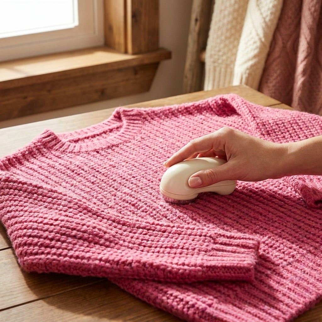 Close-up of a soft cotton knit tunic being gently smoothed with a fabric shaver.