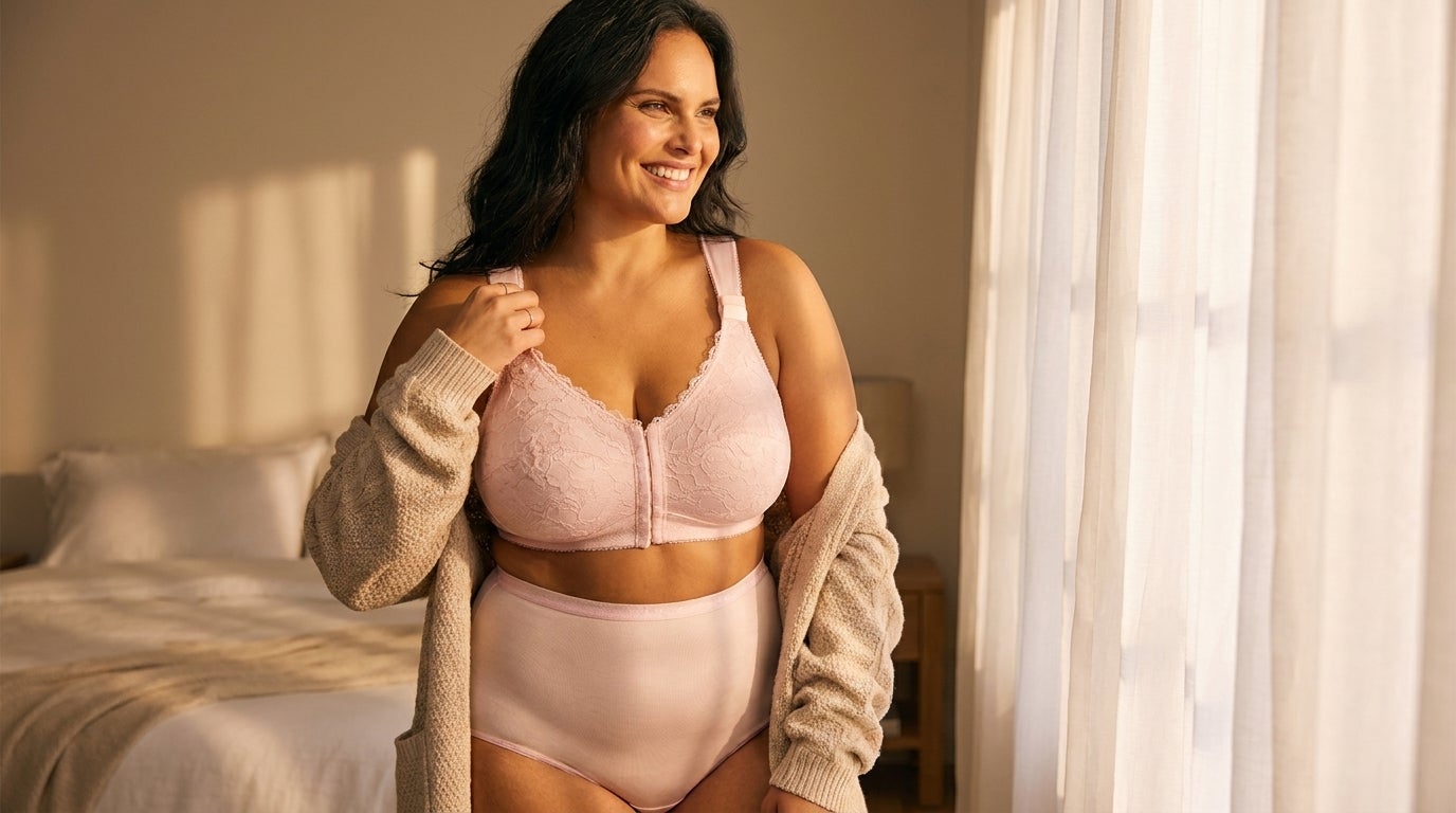 Woman adjusting the strap of a front-close wireless bra in warm morning light.