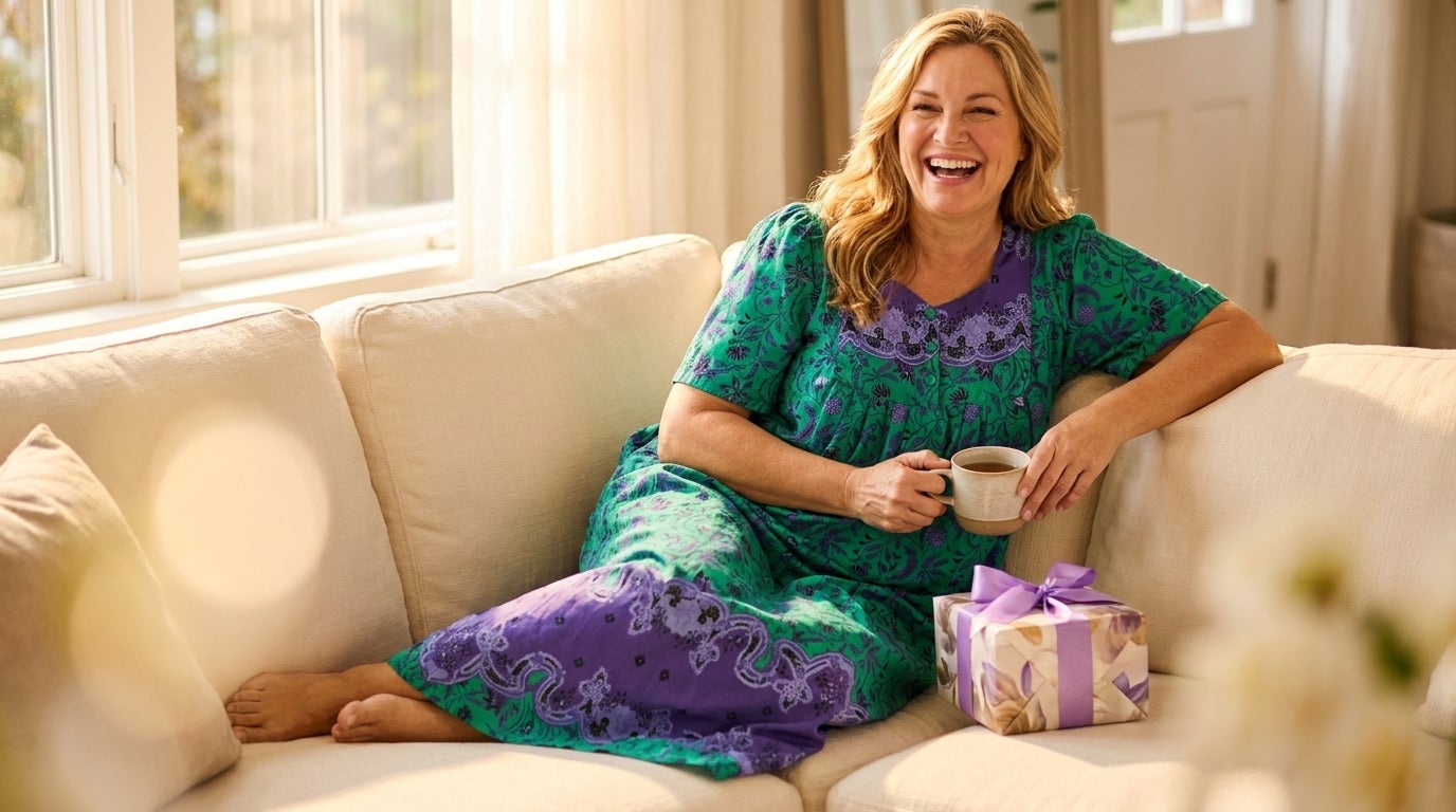Smiling woman in a short-sleeve maxi lounger relaxing on a sunlit sofa with tea and a wrapped gift