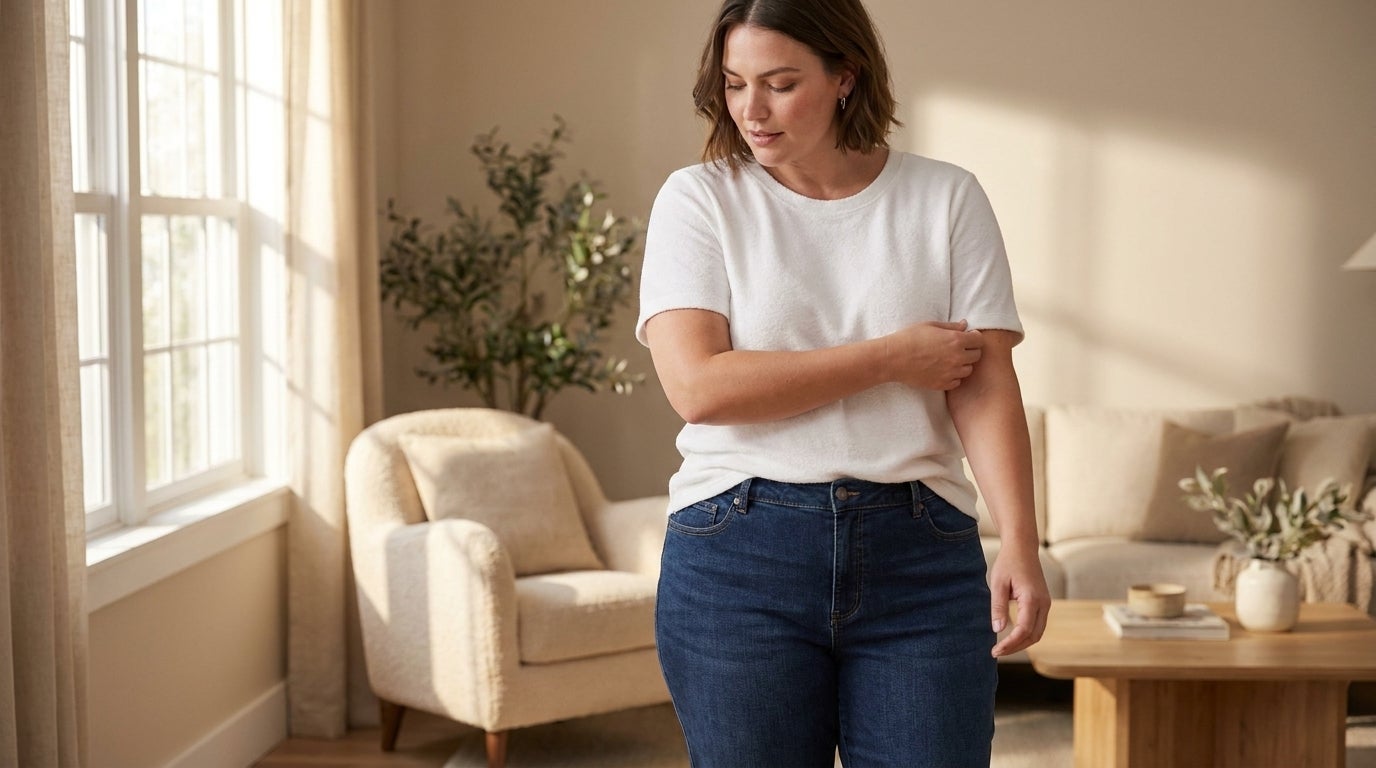 Woman wearing straight-leg cotton jeans and a crewneck tee in a sunlit living room