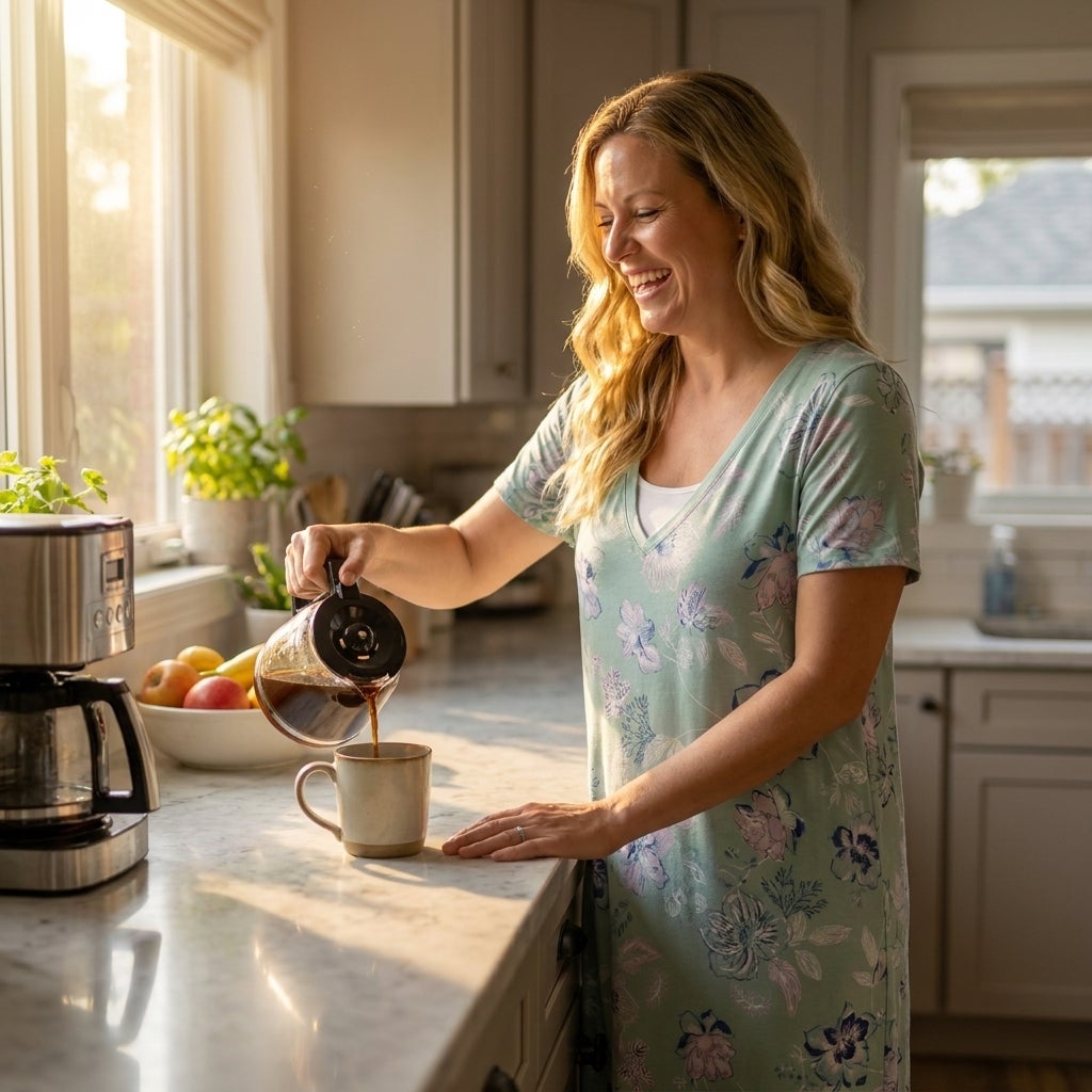 Woman in a V-neck maxi lounger pouring coffee in a sunlit kitchen