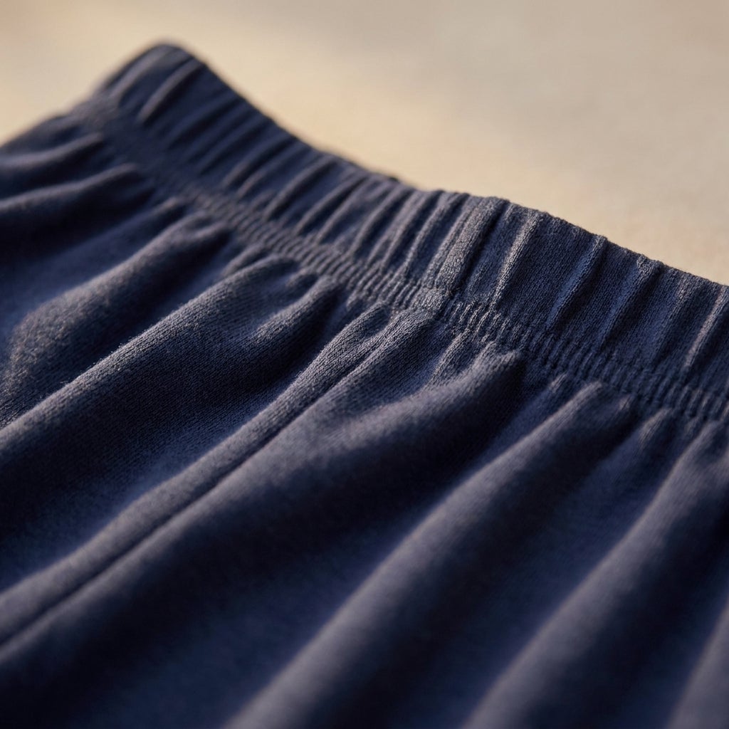 Close-up of a full elastic waistband on a pull-on knit pant