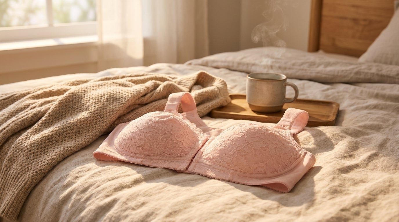 Front-close wireless posture bra laid on a sunlit linen bedspread beside a cardigan and a mug