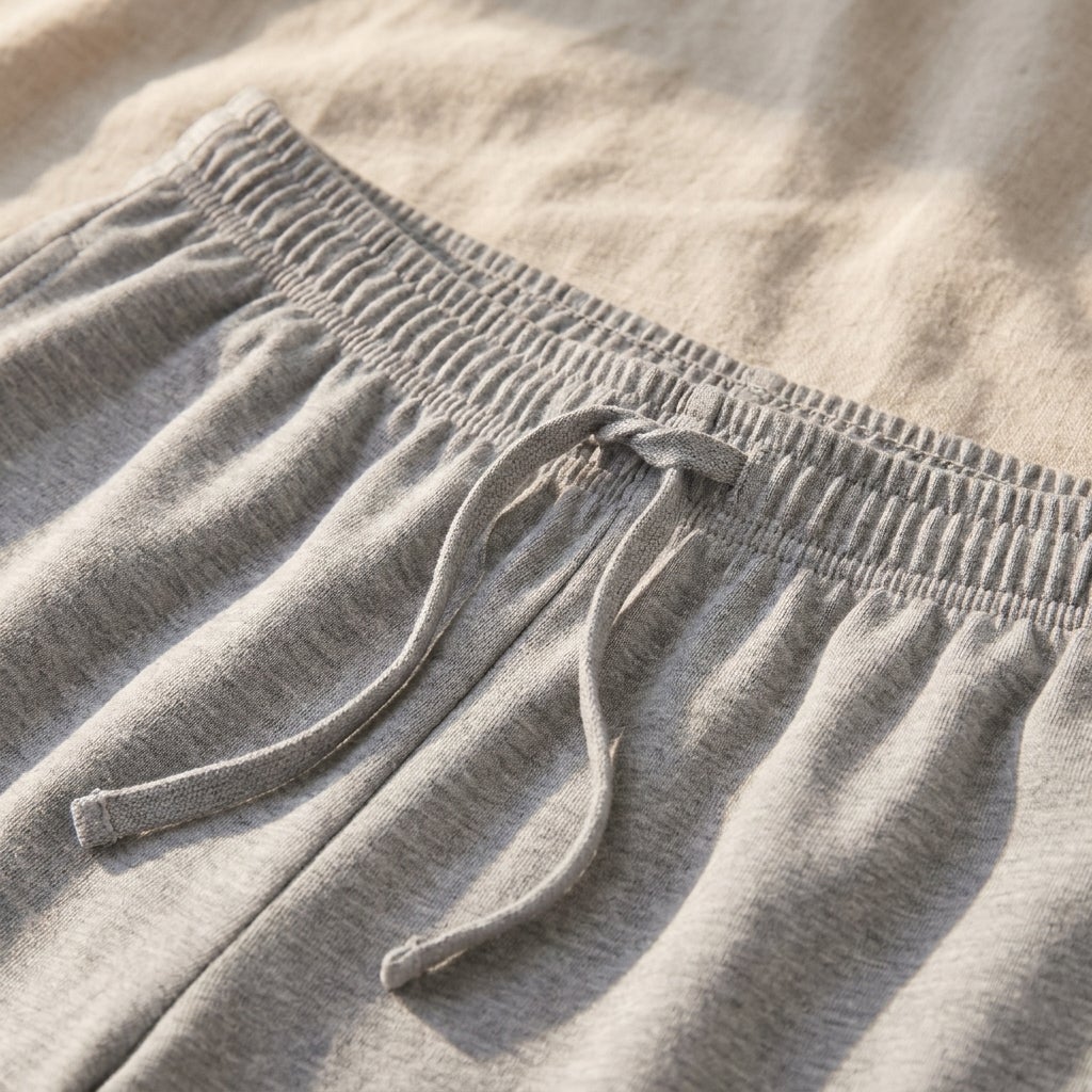 Close-up of a knit pant's full elastic waistband with an adjustable drawstring