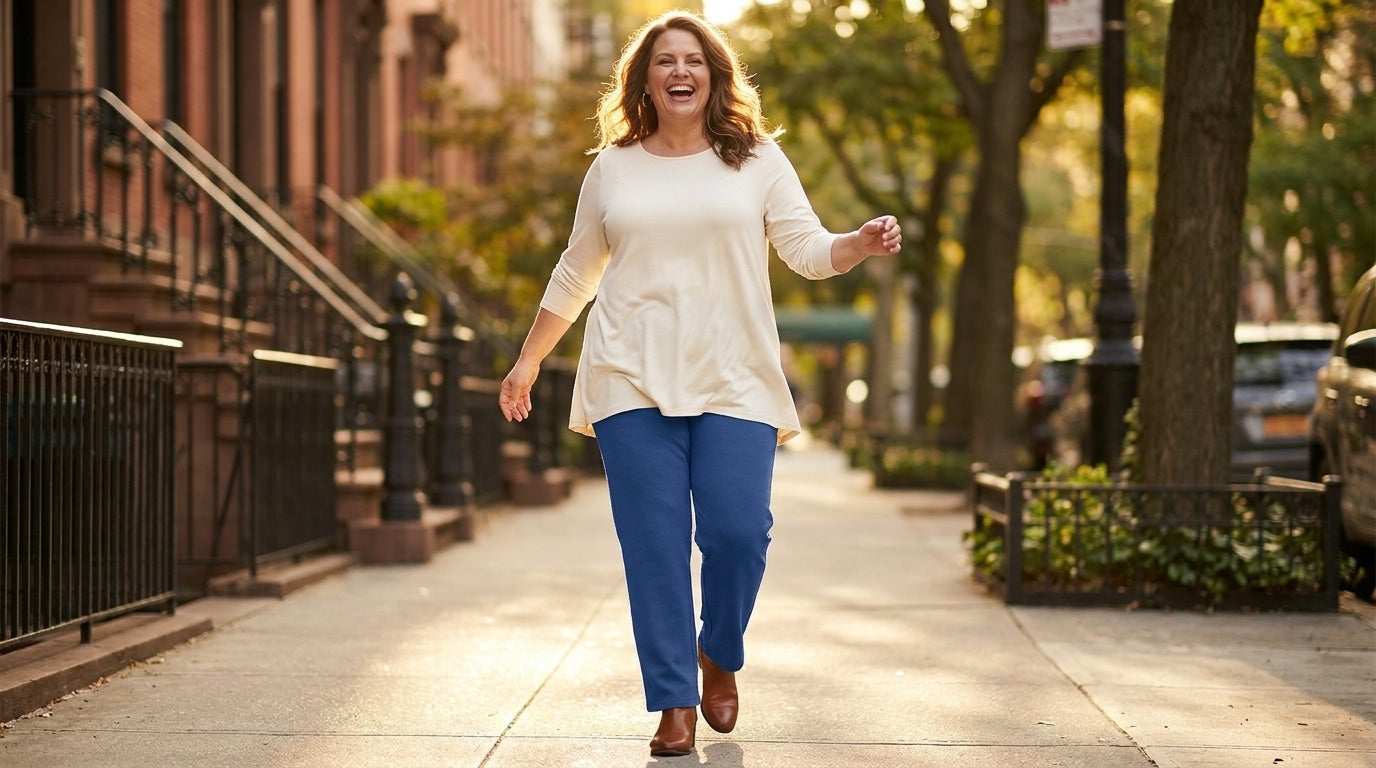 Woman in a straight-leg pull-on knit pant and tunic top on a sunlit sidewalk
