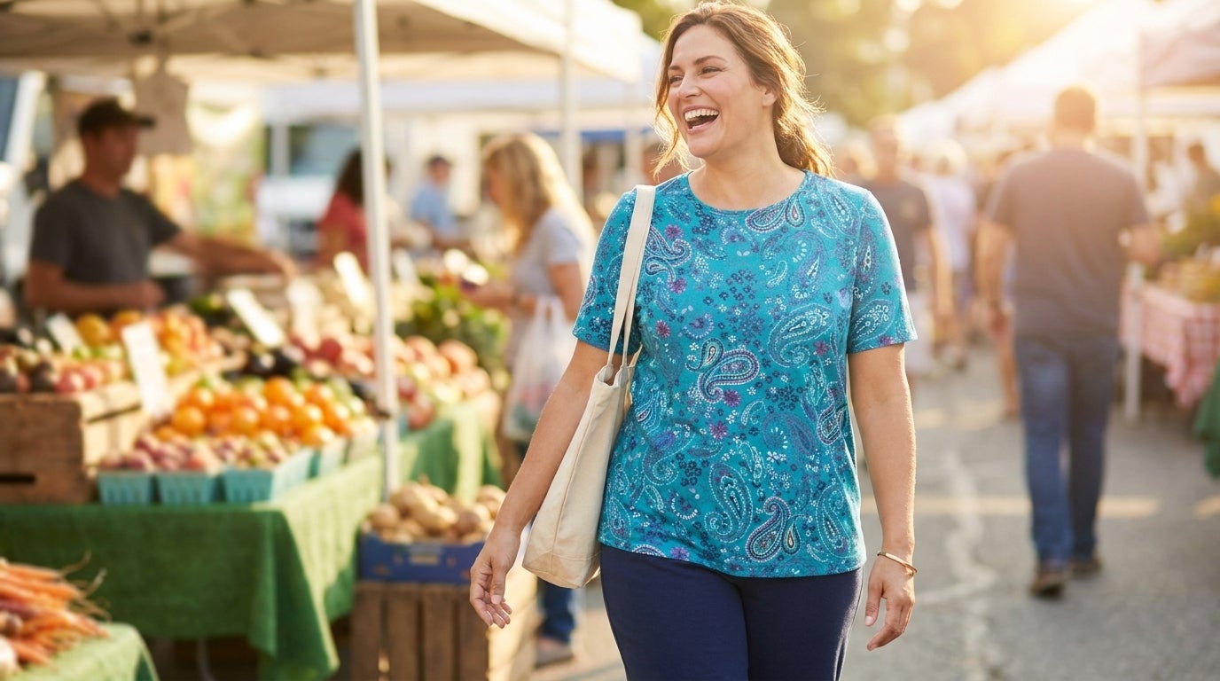 Smiling woman walking through a farmers market in a printed crewneck tee and solid knit pants