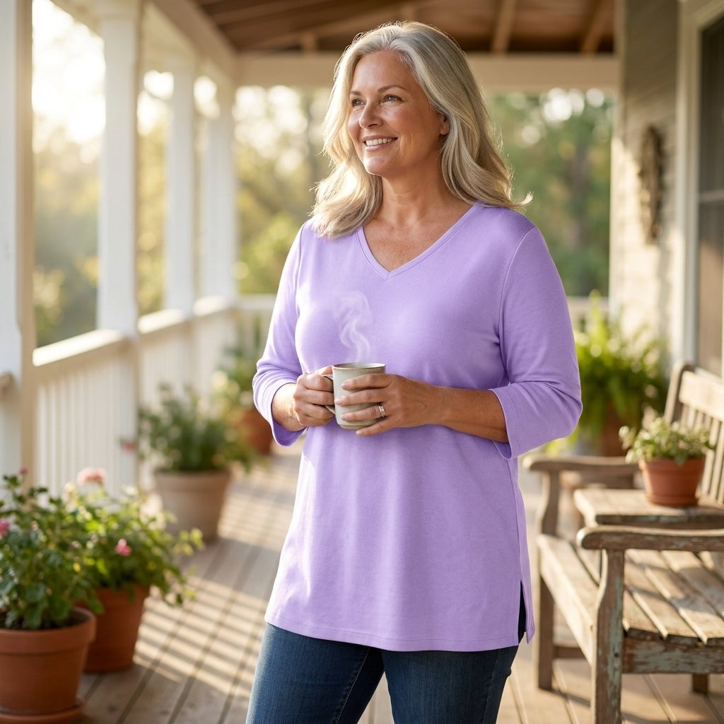 Woman on a porch wearing a three-quarter sleeve V-neck tunic with jeans